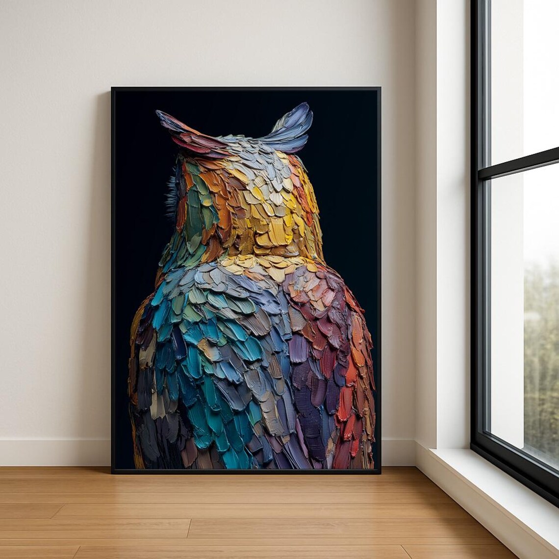 Colorful Owl Impasto Feathers Portrait Animal Black Art Poster