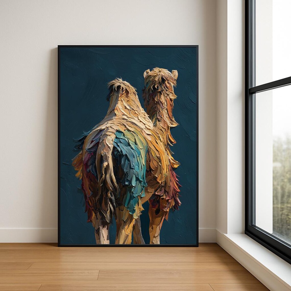 Two Camels Impasto Oil Painting Colorful Desert Animal Wall Poster