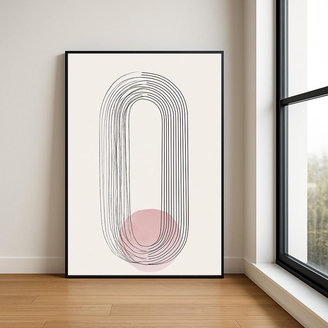 Black Line Arch Over Blush Circle Poster in Minimalist Japandi Art