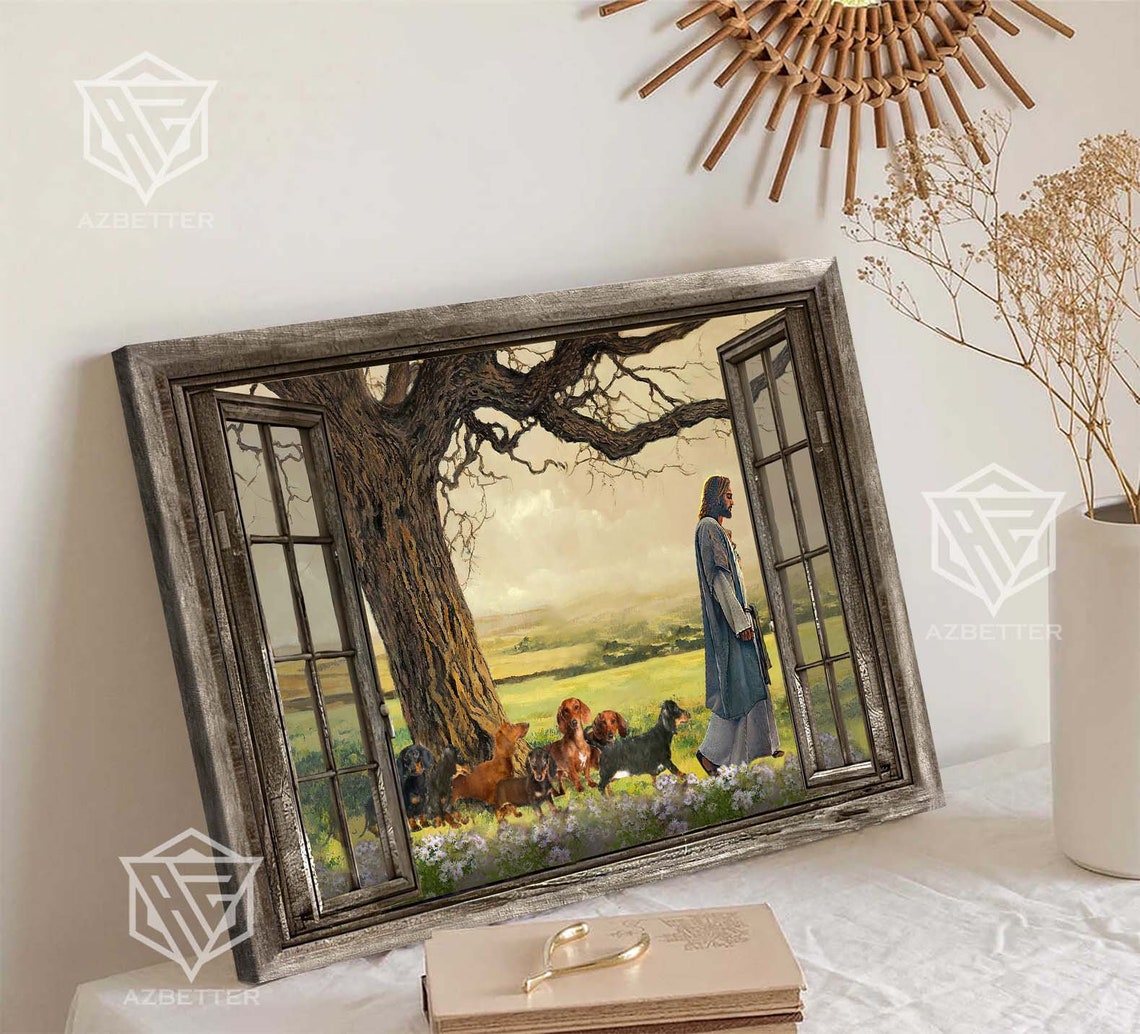 Jesus Walking With Dachshunds Through Meadow Rustic Window View Poster - Image 4