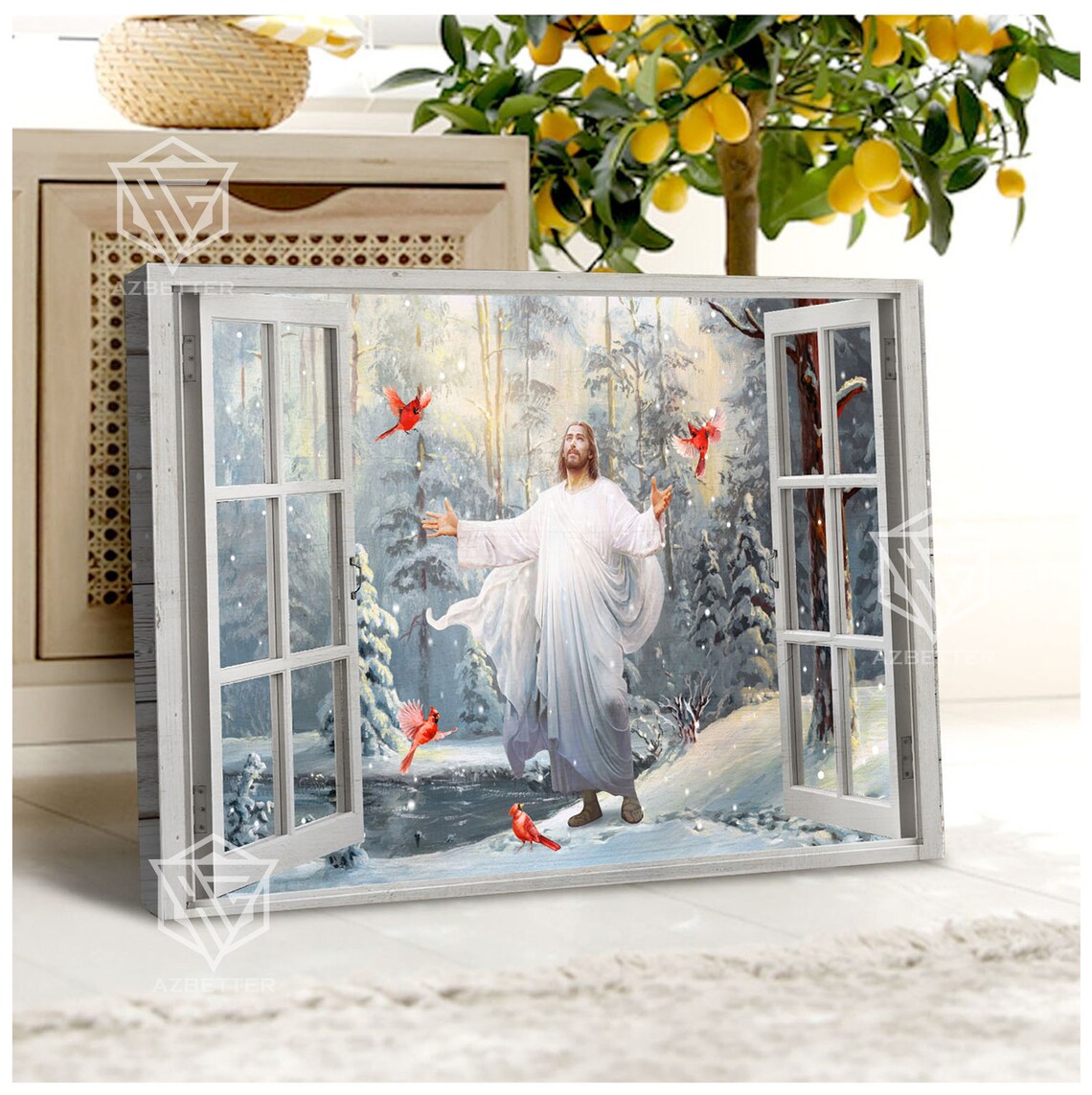 Jesus in Winter Snow Forest Window With Red Cardinals Poster - Image 2