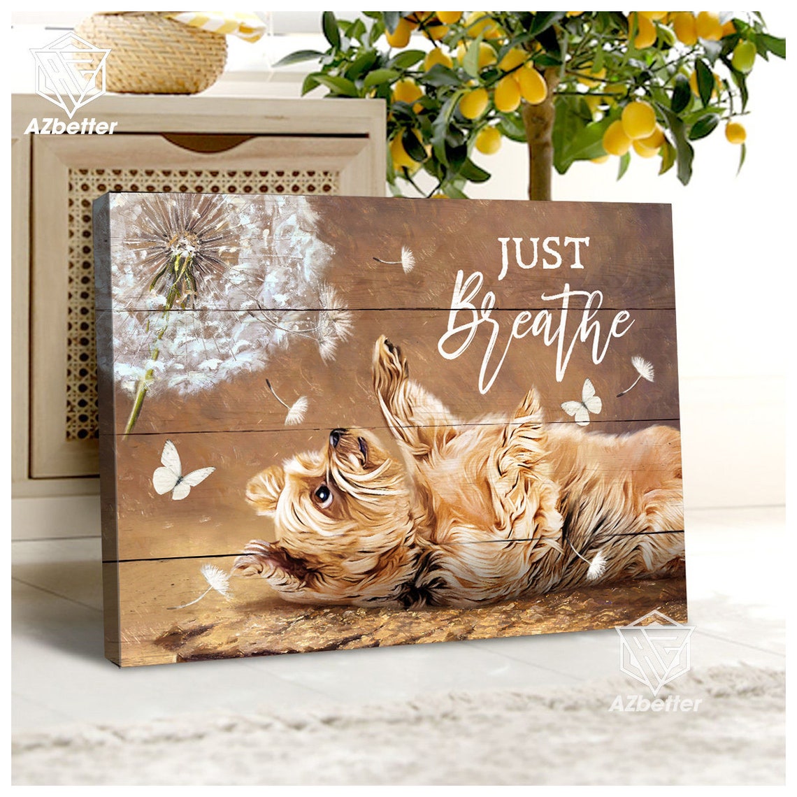 Yorkshire Terrier Rolling Playful Dandelion Just Breathe Dog Poster
