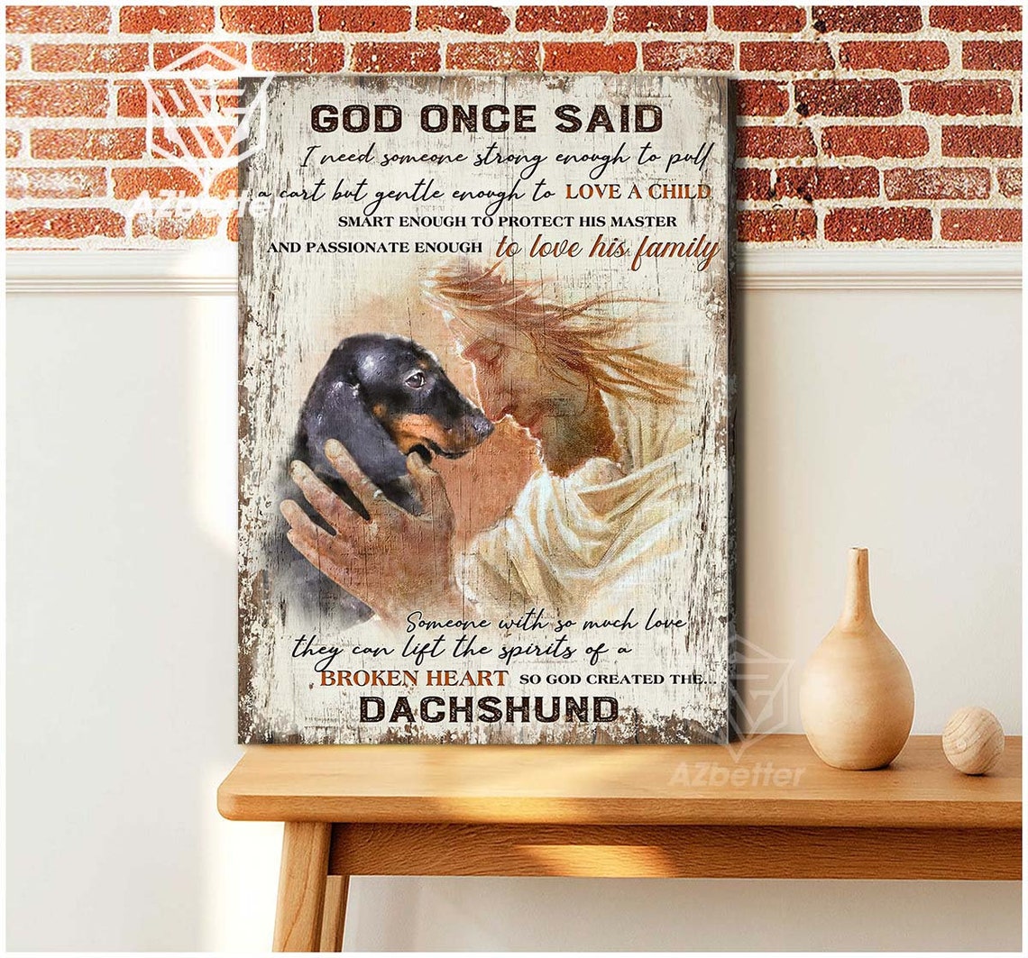 So God Created the Dachshund Quote with Jesus Holding a Puppy Poster - Image 5