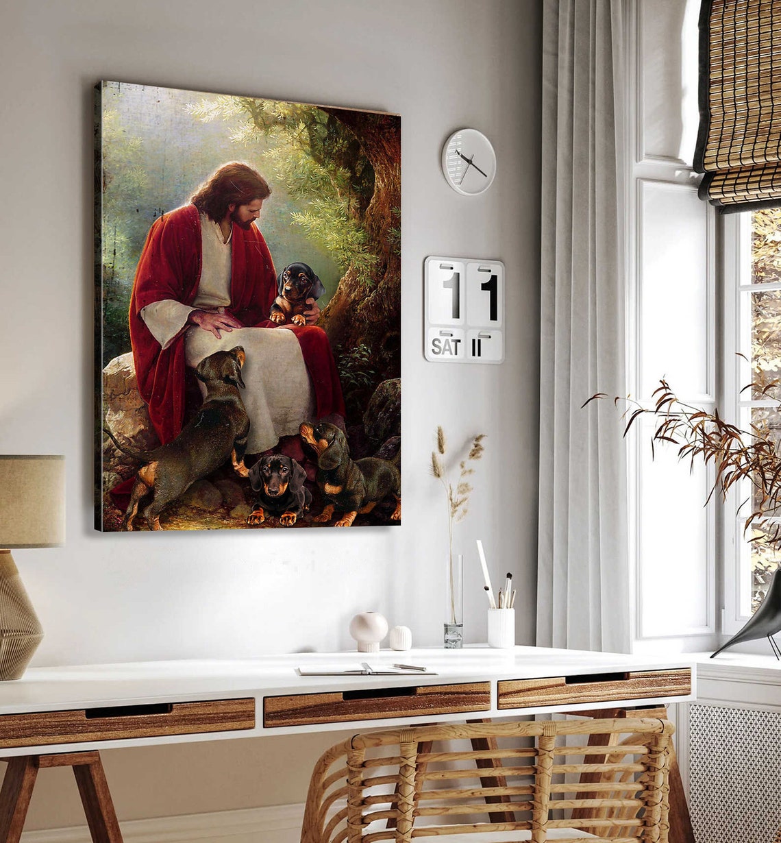 Jesus Resting With Dachshund Puppies Beneath Tree Faith Art Poster - Image 4