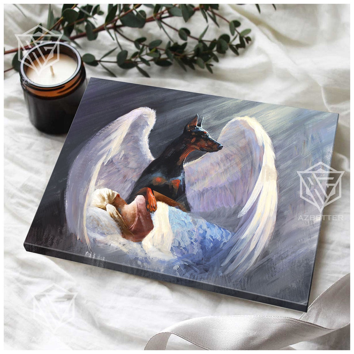 Doberman Angel Wings Guardian Watching Over Sleeping Woman Poster - Image 4