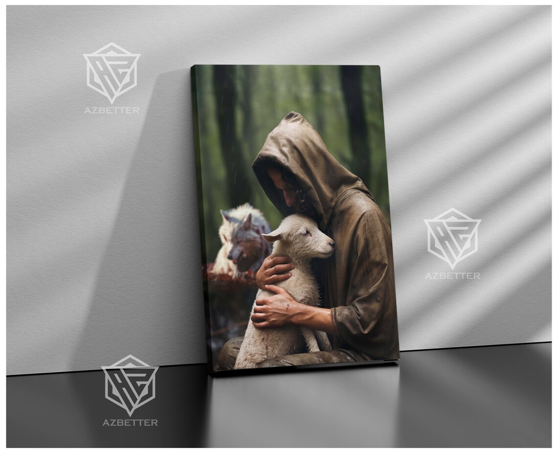 Hooded Jesus Tenderly Holding the Lamb Wolf Behind Faith Poster - Image 3