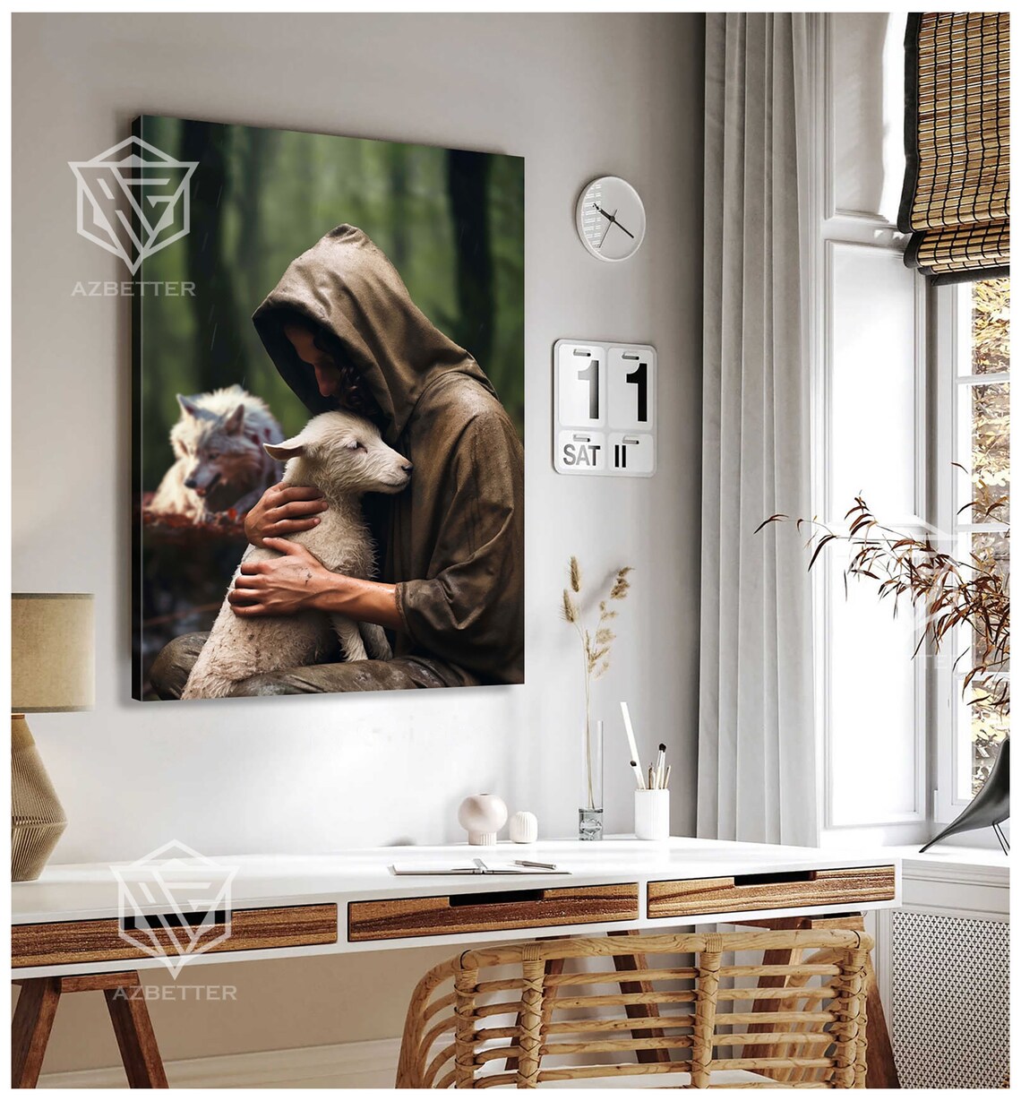 Hooded Jesus Tenderly Holding the Lamb Wolf Behind Faith Poster - Image 5