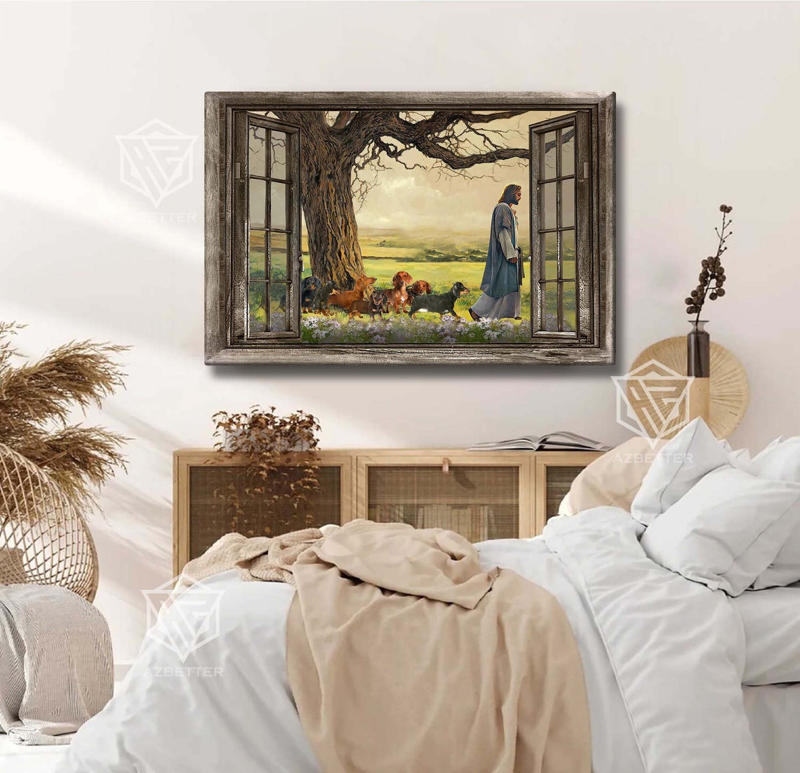 Jesus Walking With Dachshunds Through Meadow Rustic Window View Poster - Image 5