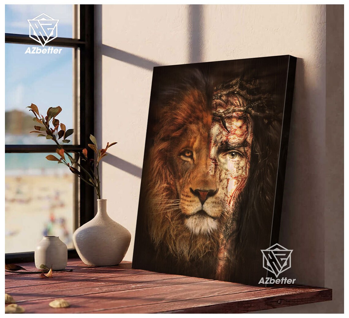 Half Lion Half Jesus Face Crown of Thorns Perfect Union Christian Poster - Image 3