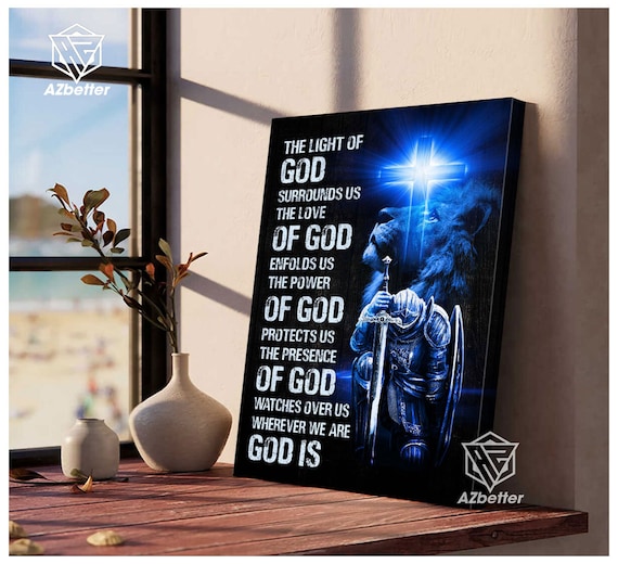 The Light of God Surrounds Us Blue Knight Lion Cross Faith Poster
