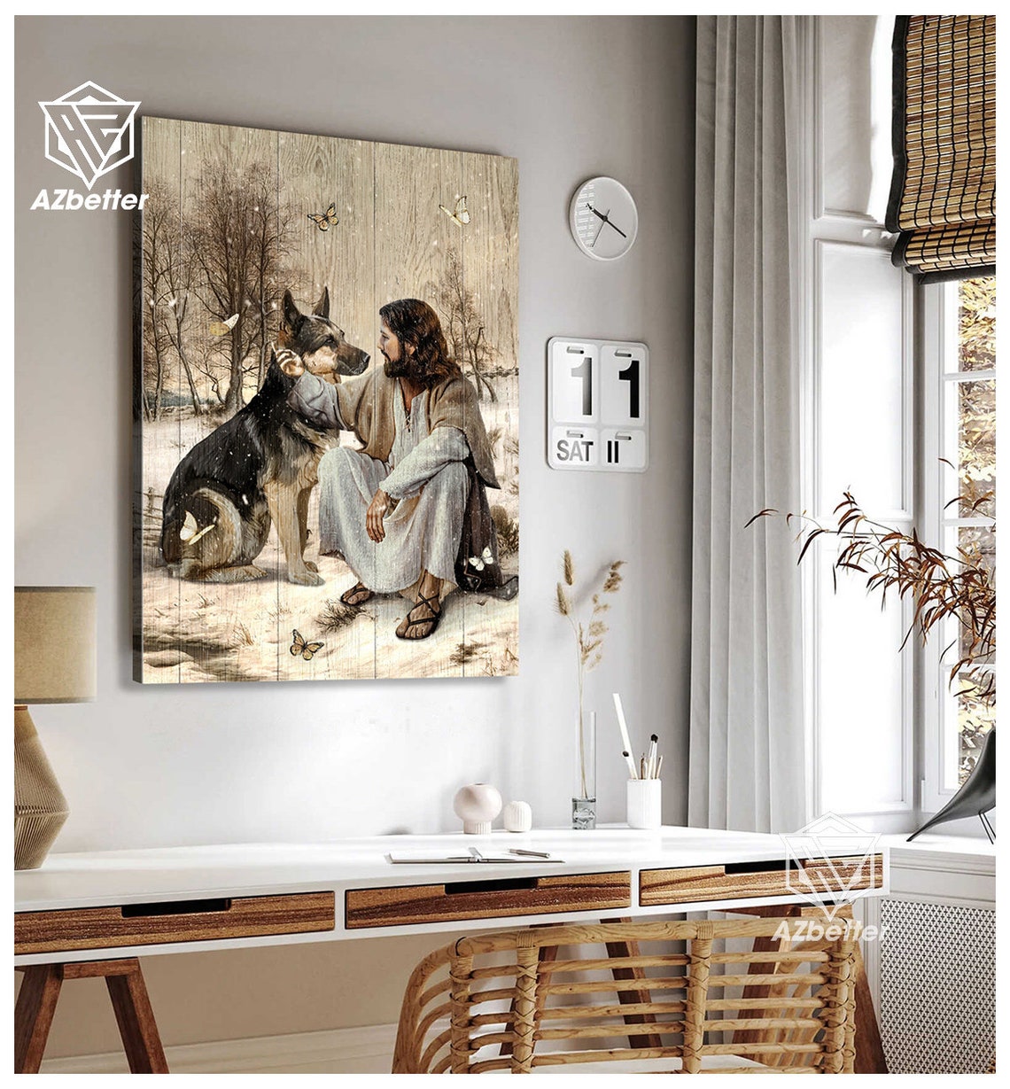 Jesus Sitting with German Shepherd in Winter Snow Butterflies Poster - Image 3