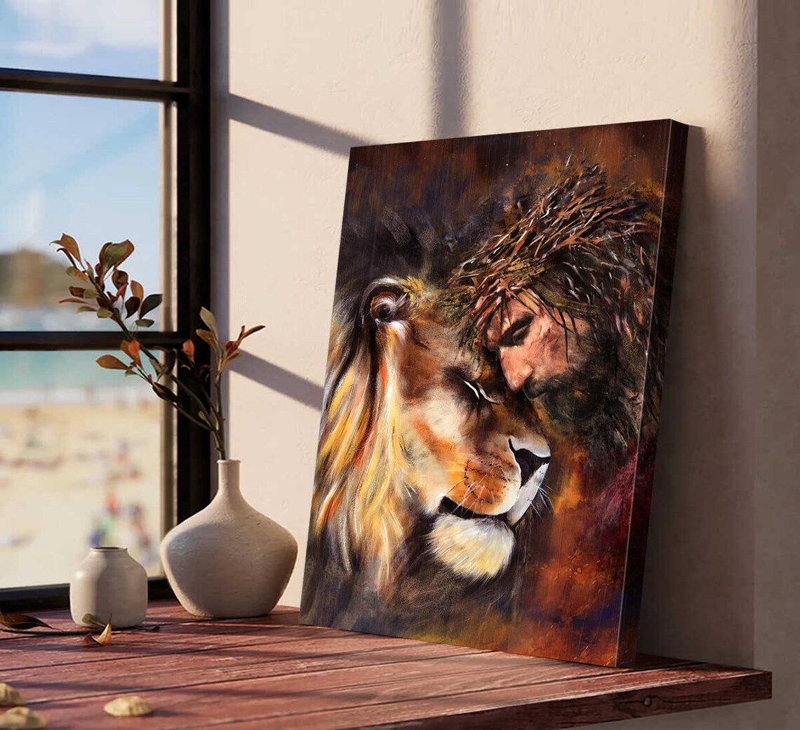 Jesus and Lion Embrace Crown of Thorns Christian Love Faith Art Poster - Image 5