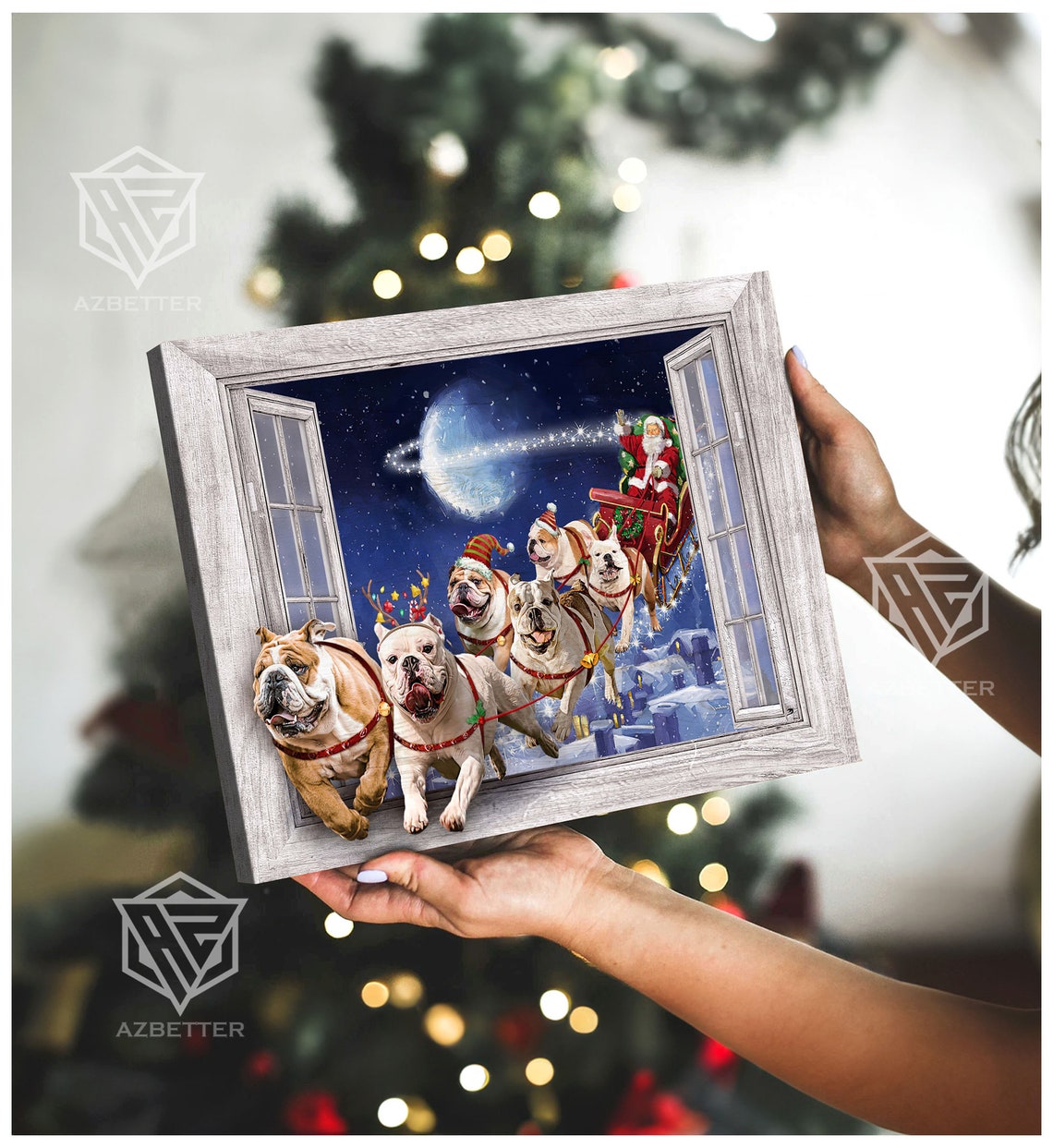 Bulldogs Pulling Santas Sleigh Through Christmas Window View Poster - Image 2