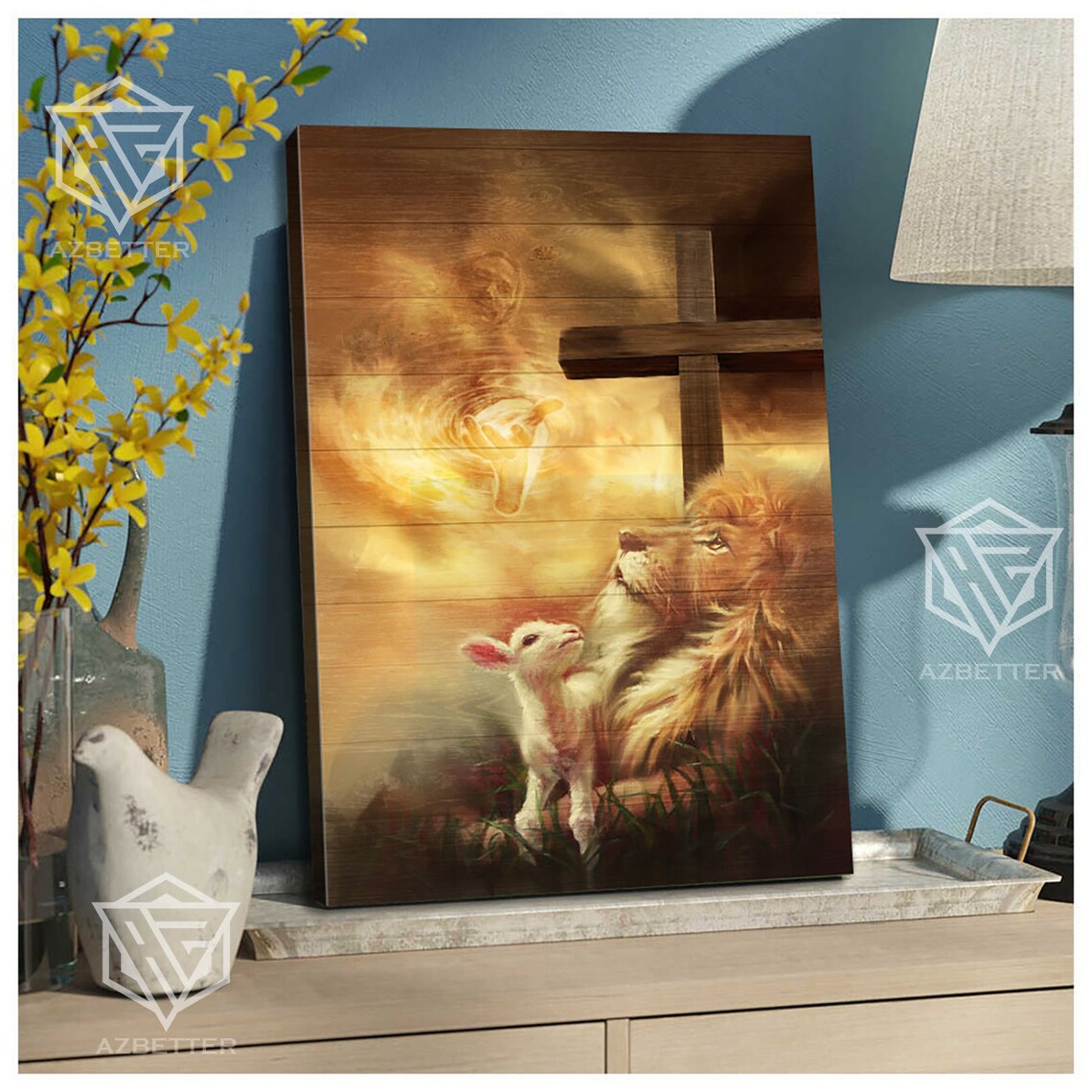 Lion And Lamb Resting Under Wooden Cross At Golden Sunset Poster - Image 4