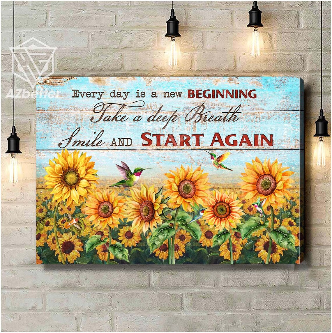 Sunflower Field with Hummingbirds New Beginning Quote Poster