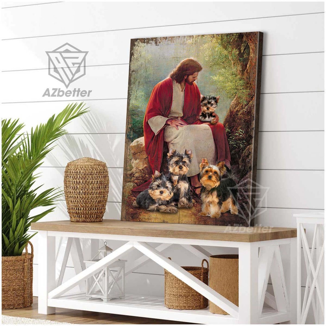 Jesus Seated with Four Yorkshire Terrier Puppies in a Garden Poster - Image 5