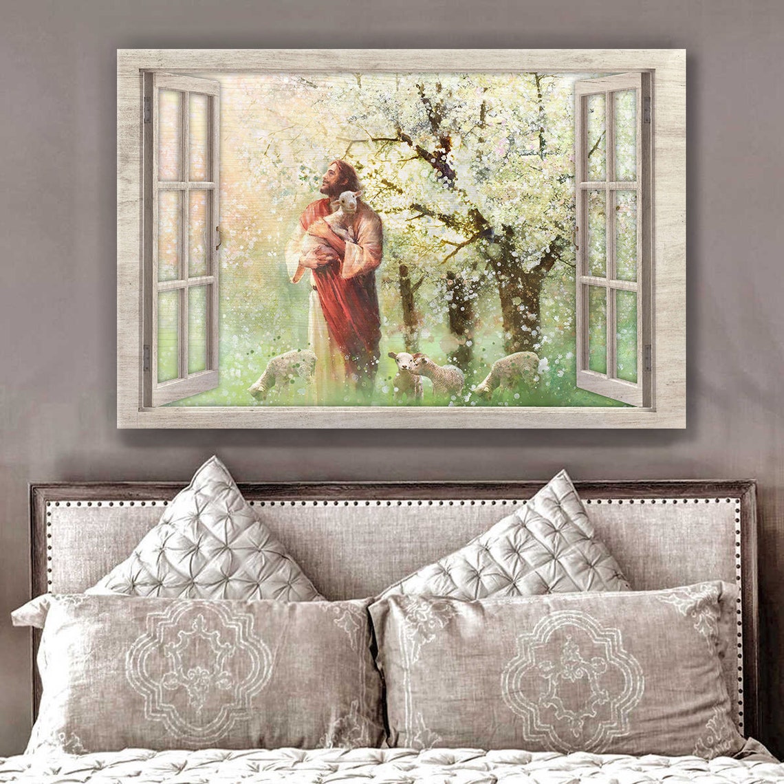 Jesus With Lamb In Blooming Orchard Open Window View Art Poster - Image 2