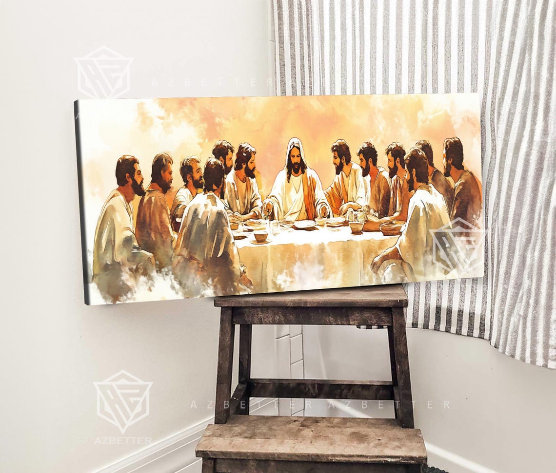 The Last Supper Jesus And Apostles Golden Watercolor Canvas Poster - Image 2