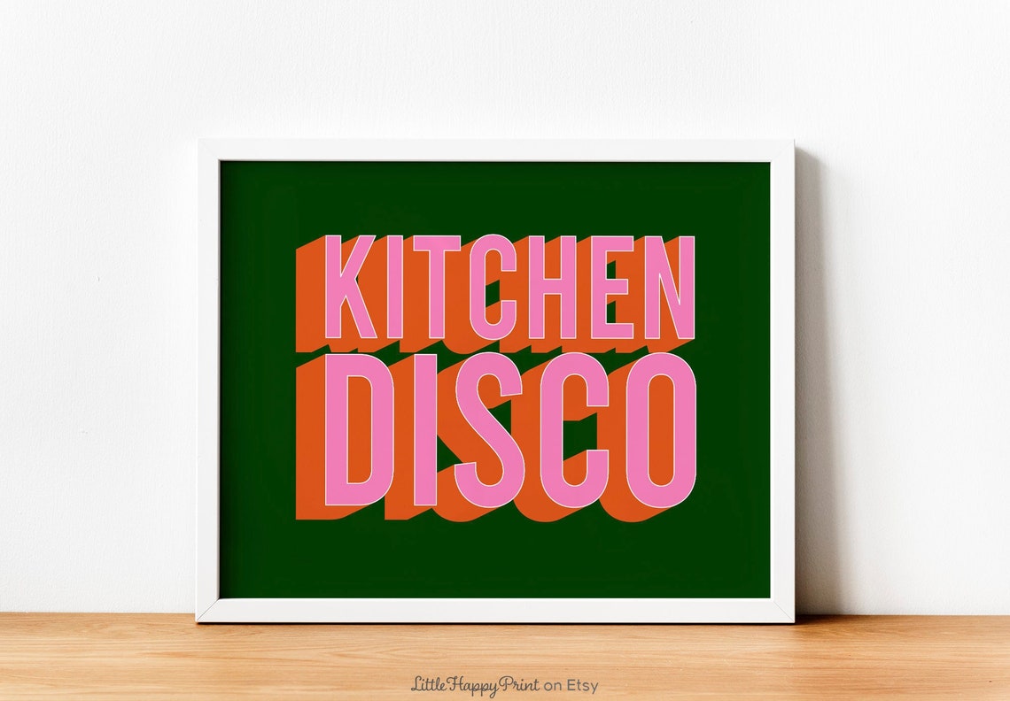 Kitchen Disco Pink On Green Bold Retro Statement Kitchen Wall Art