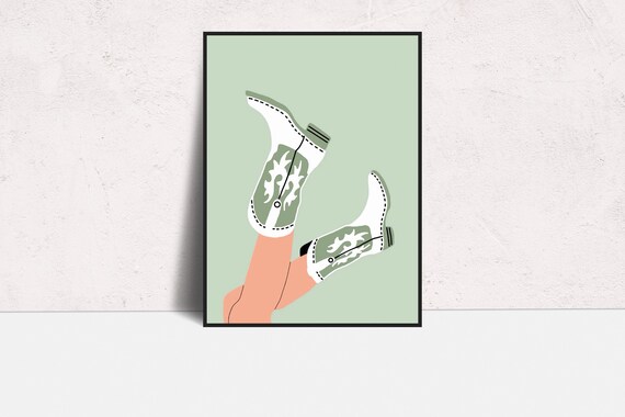 Sage Green Cowgirl Boots Playful Minimalist Fashion Art Poster