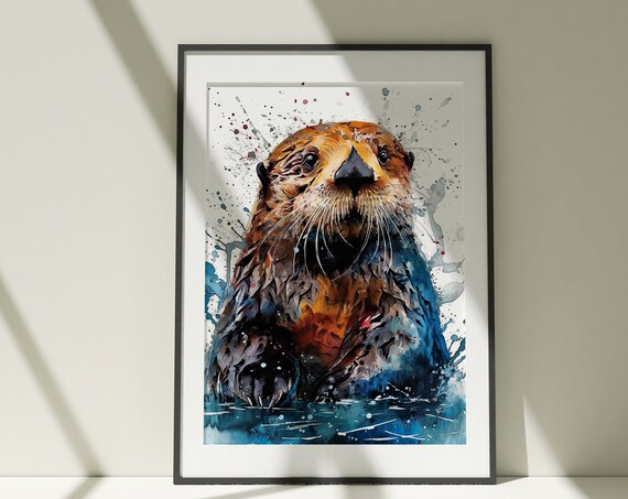 Sea Otter Watercolor Portrait Playful Blue Splash Art Poster