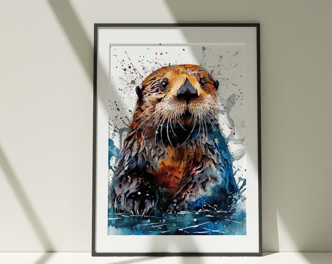 Sea Otter Watercolor Portrait Playful Blue Splash Art Poster