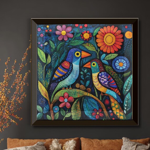 Mexican Folk Art Birds And Botanical Image Vibrant Colors Unique Home Decor Print Nature Lover Gift Boho