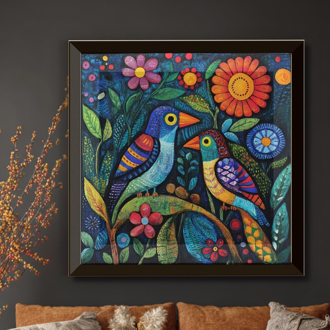 Mexican Folk Art Birds And Botanical Image Vibrant Colors Unique Home Decor Print Nature Lover Gift Boho
