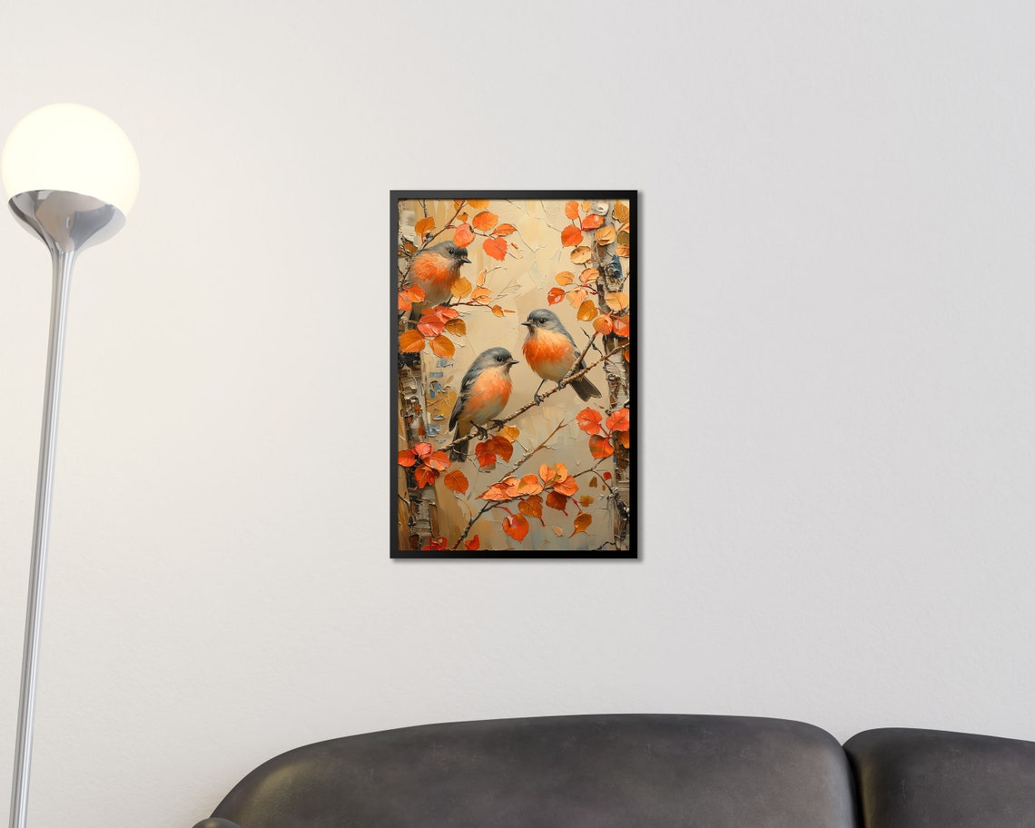 Three Songbirds On Autumn Branches Orange Leaves Oil Painting Print - Image 2
