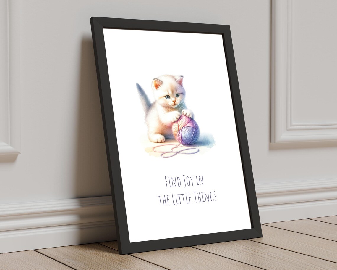 Find Joy In The Little Things White Kitten Yarn Ball Pastel Nursery Poster - Image 3