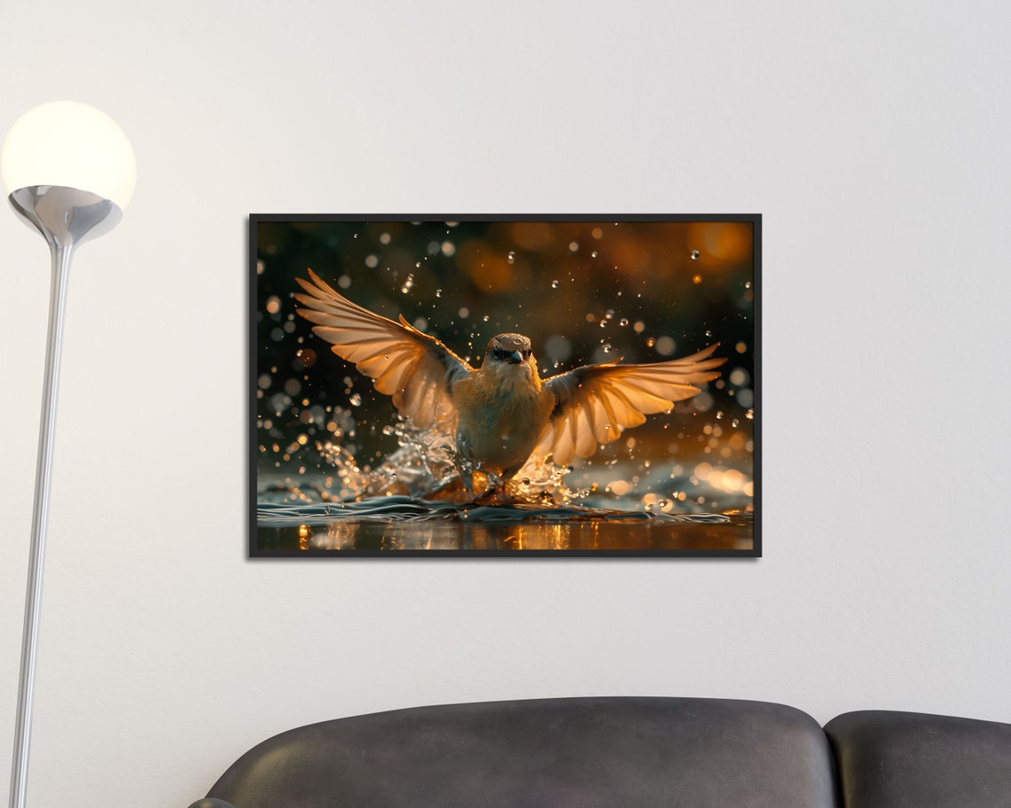 Songbird Bathing In Golden Water Splash Birdwatcher Nature Poster