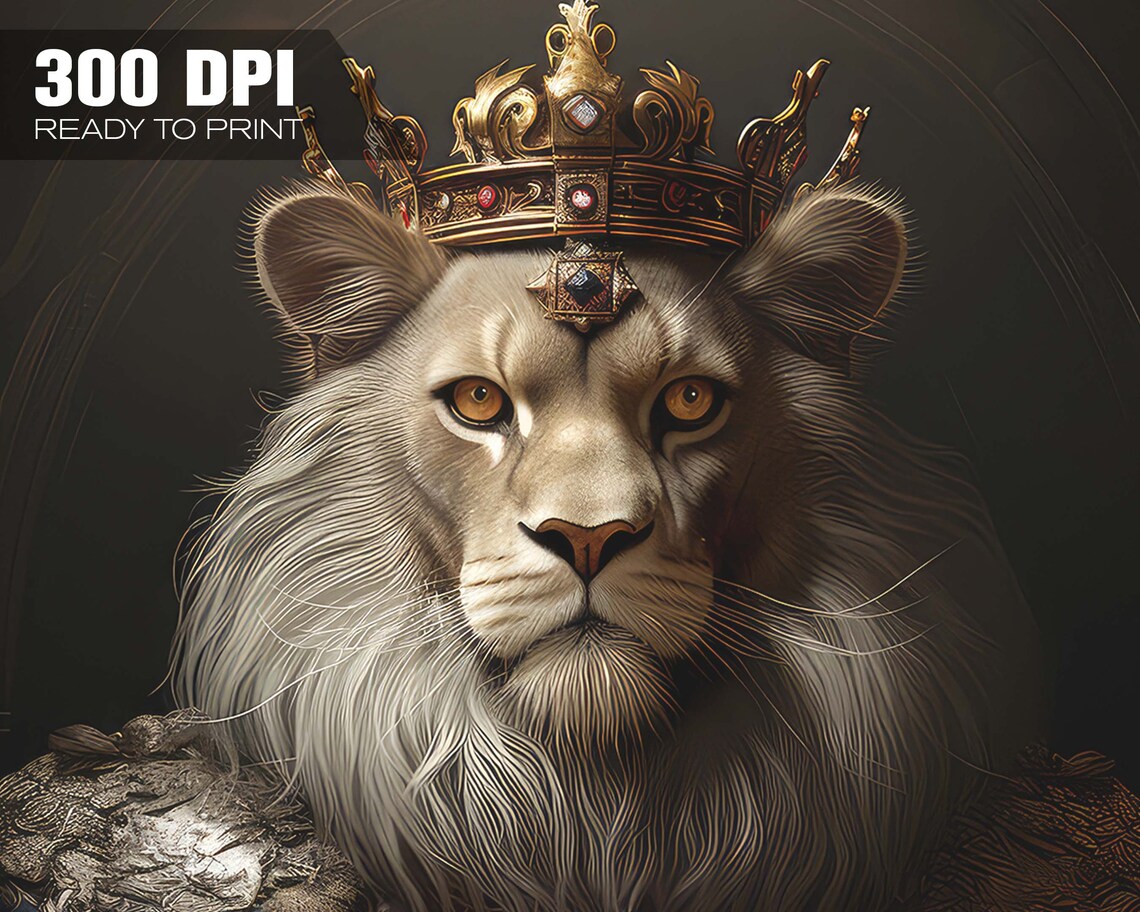 Royal White Lion King Wearing Crown Regal Portrait Animal Poster - Image 4