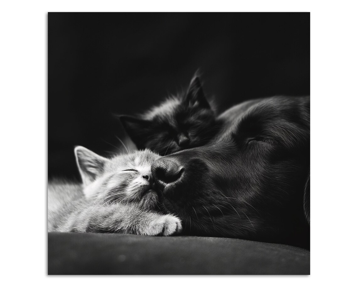 Cozy Black And White Dog Cuddling Sleeping Kittens Tender Pet Photo Poster - Image 4