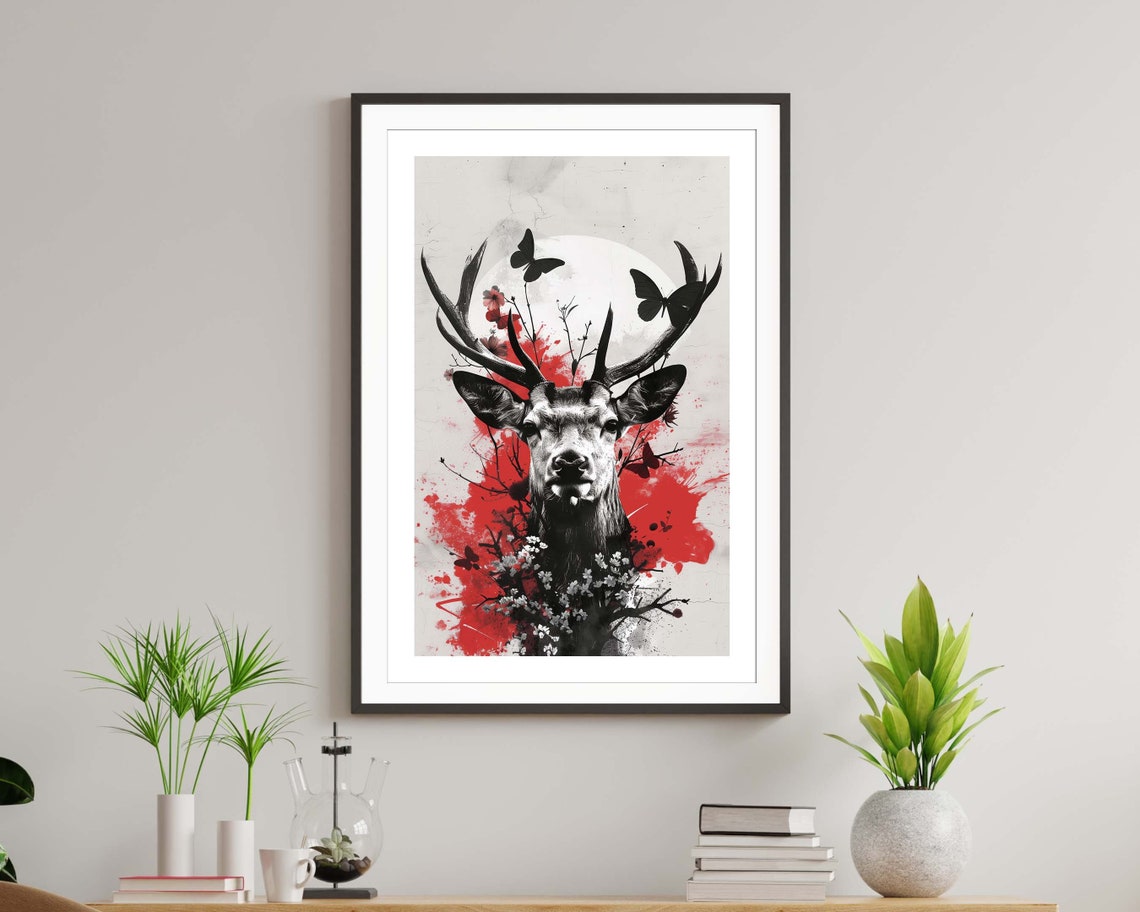 Majestic Stag With Butterflies Red Black Modern Deer Wall Art Print - Image 4