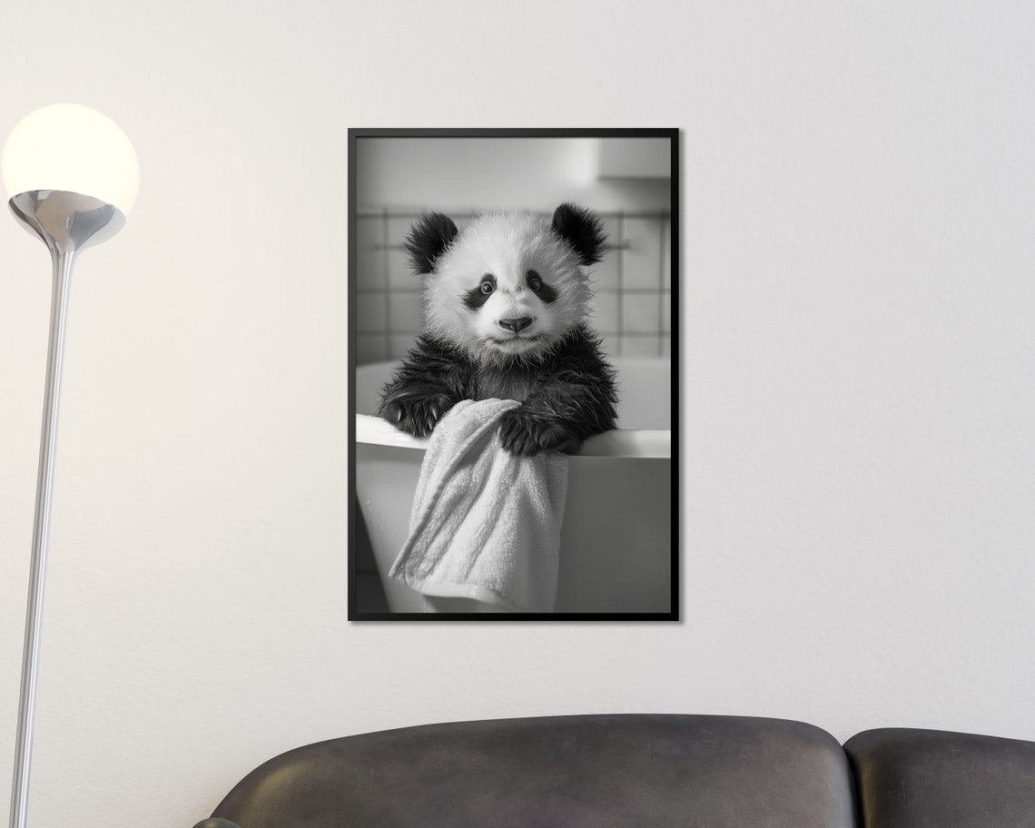 Panda Cub Bath Time Black and White Photo Nursery Bathroom Poster - Image 3