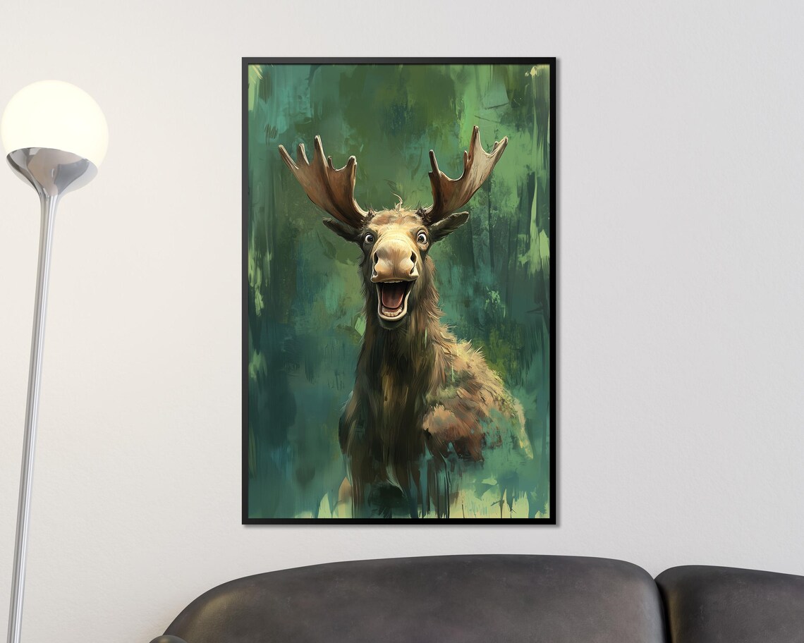 Laughing Moose Happy Wild Forest Animal Painting Green Canvas Poster - Image 4
