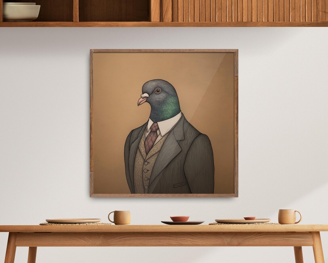 Dapper Pigeon In Vintage Suit Quirky Bird Portrait Art Poster - Image 4