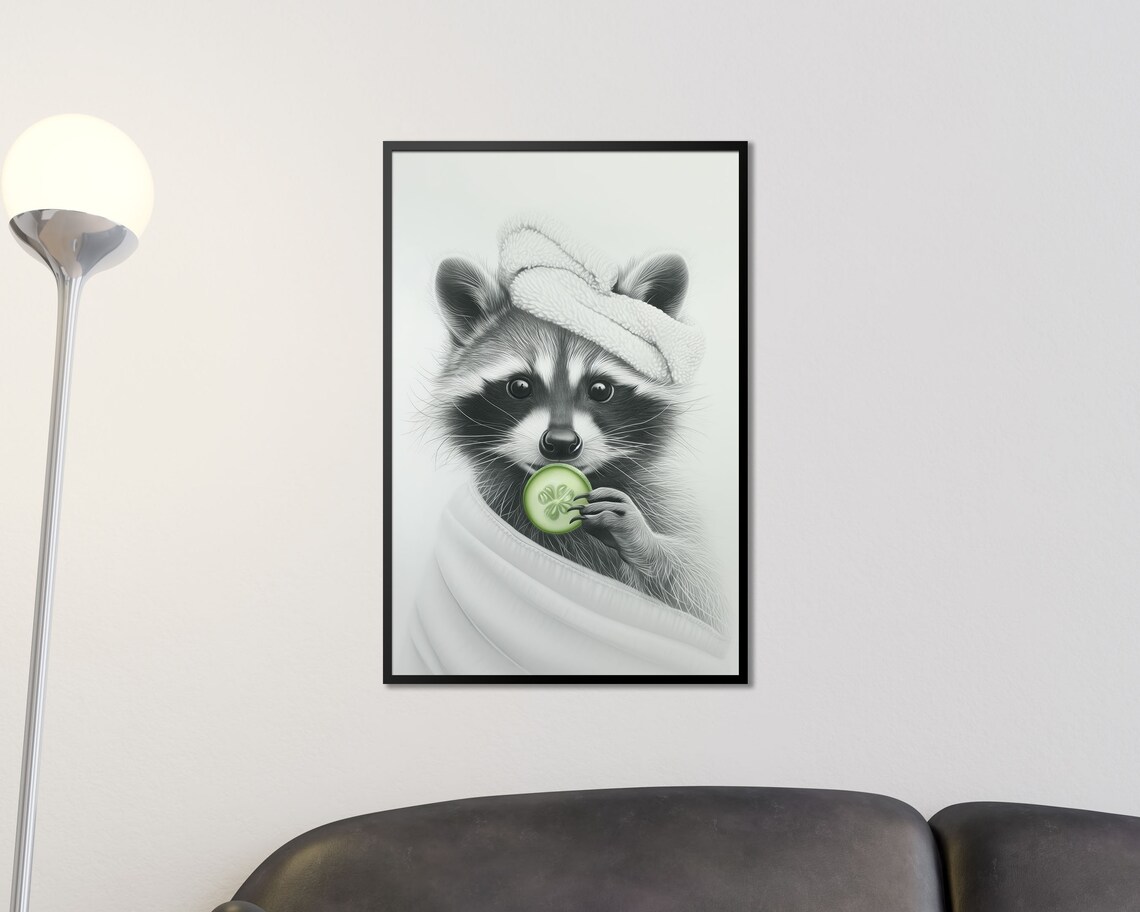 Pampered Raccoon Spa Day With Towel Eating Cucumber Funny Animal Poster - Image 2