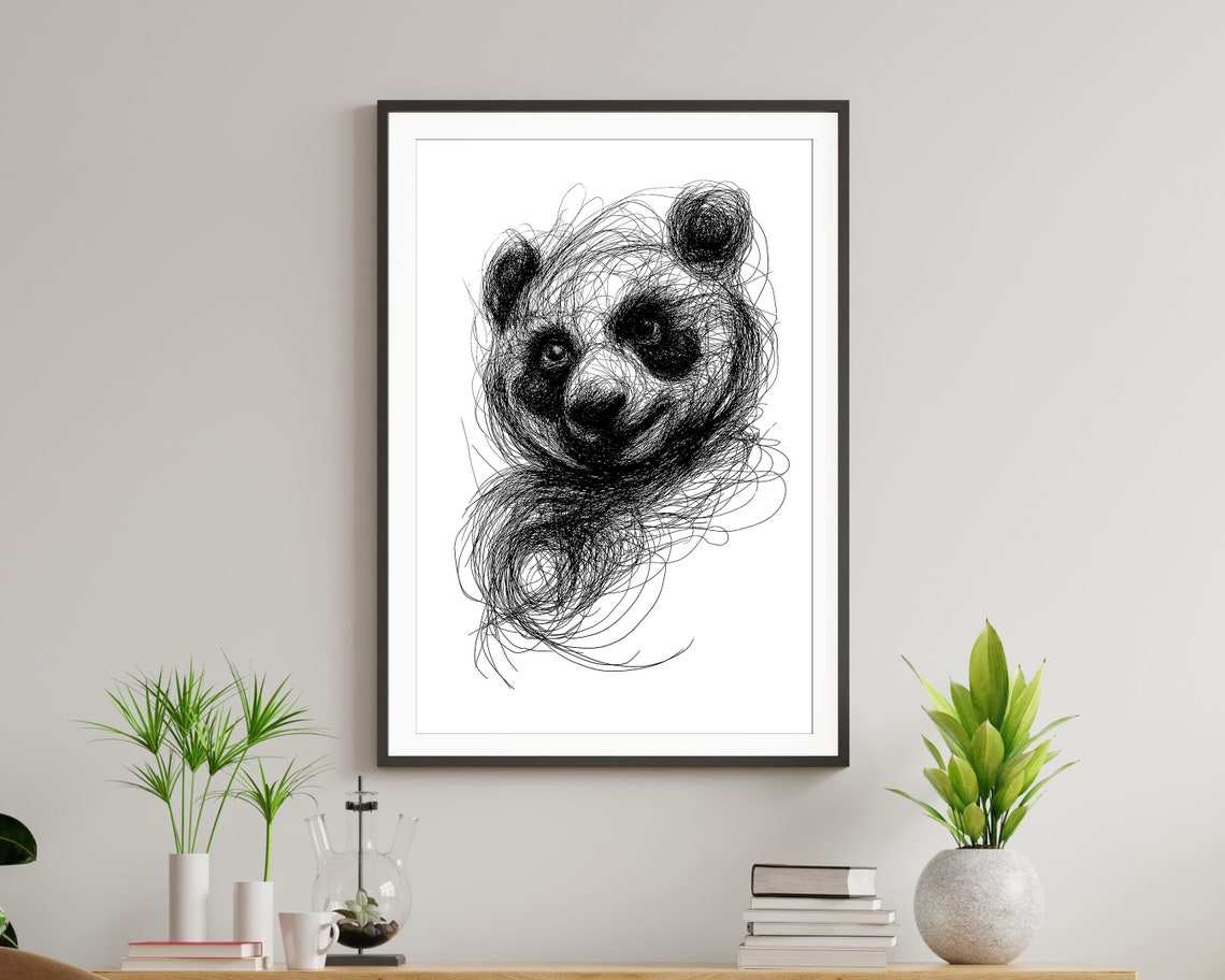 Giant Panda Head Scribble Art Black And White Line Drawing Print - Image 5