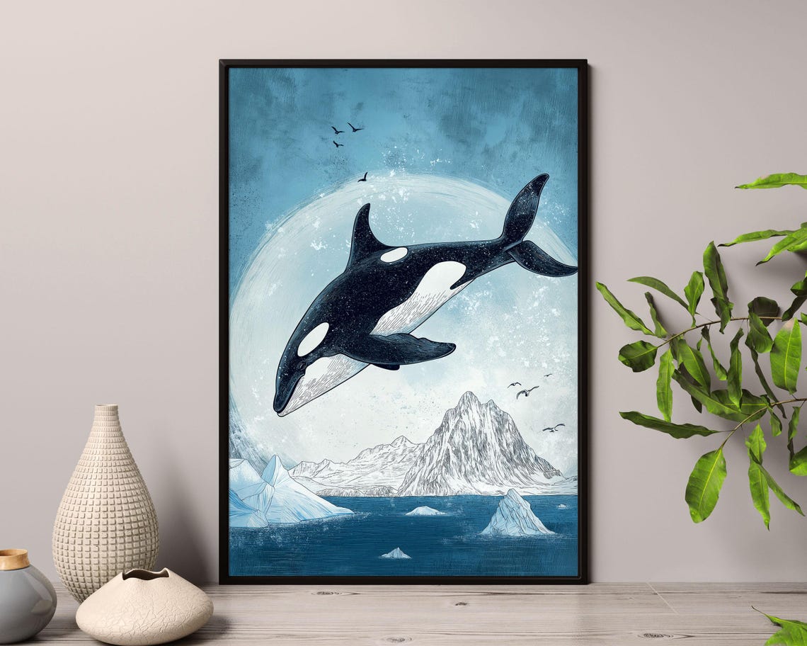 Orca Whale Leaping Over Arctic Ice Moonlit Ocean Illustration Poster - Image 4