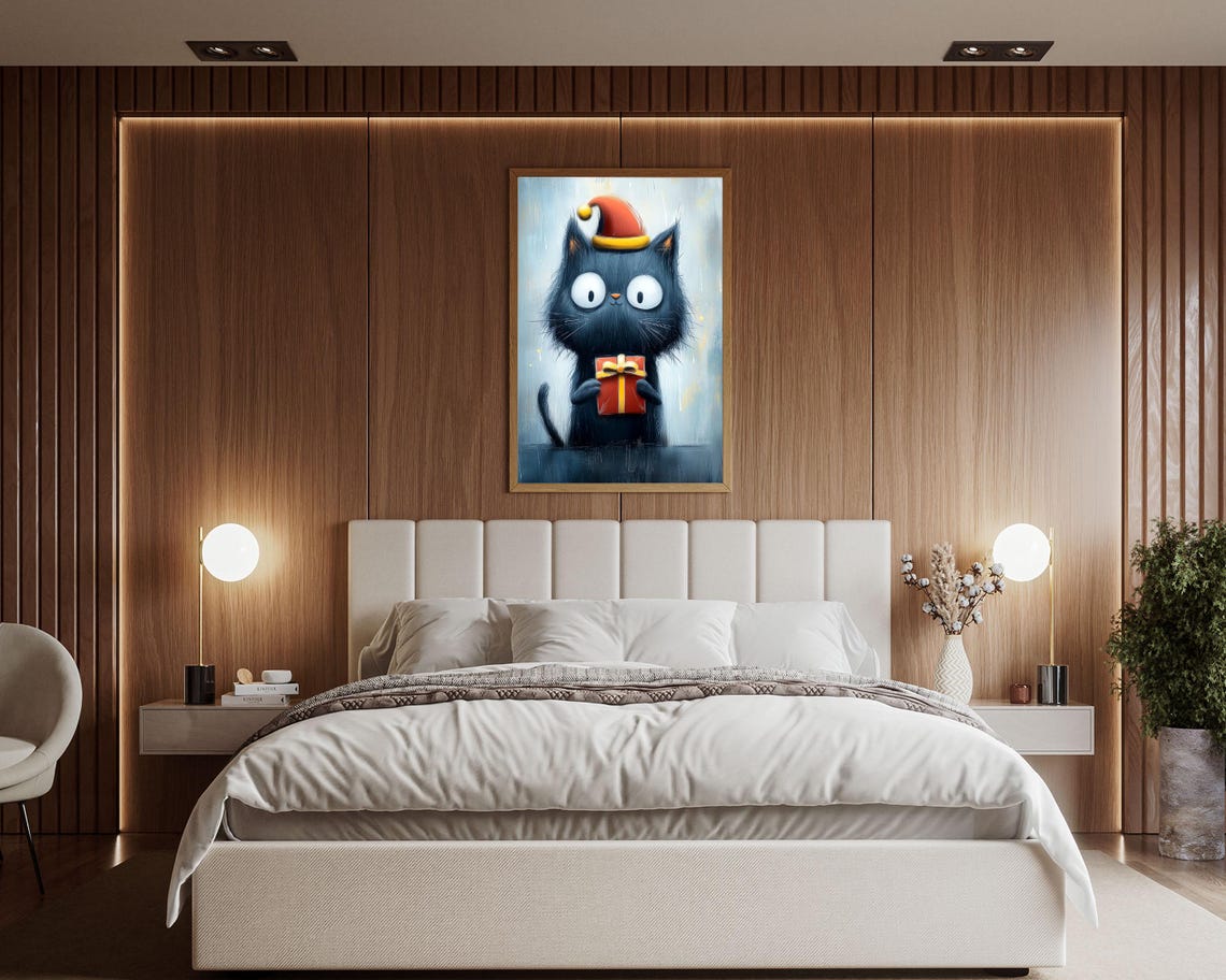 Black Cat With Santa Hat Holding Gift Box Funny Christmas Art Poster - Image 3