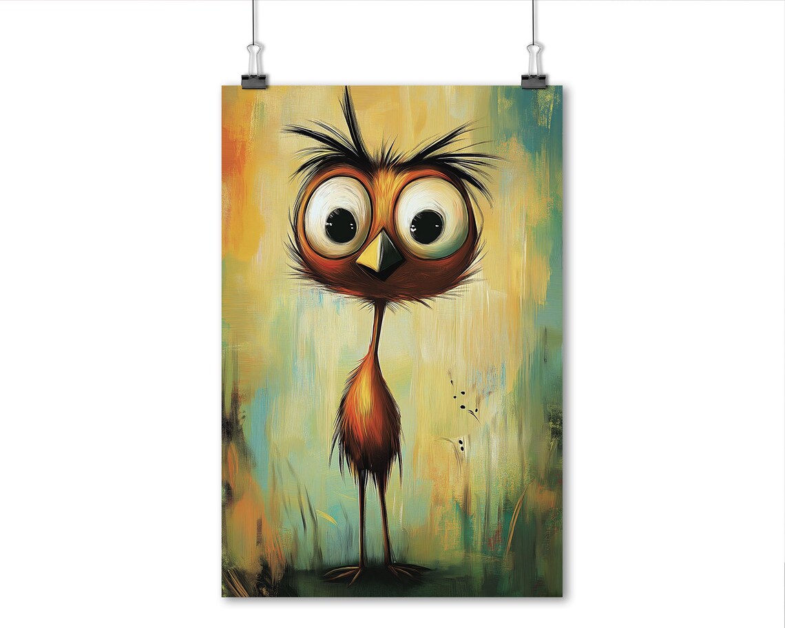 Crazy Big Eyed Bird Whimsical Colorful Abstract Painting Wall Art - Image 3