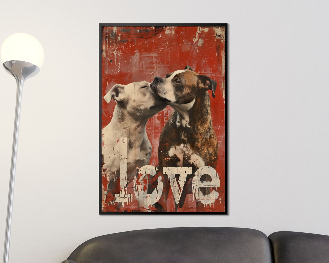 Two Sweet Boxers In Love Retro Red Grunge Dog Wall Art Print - Image 5