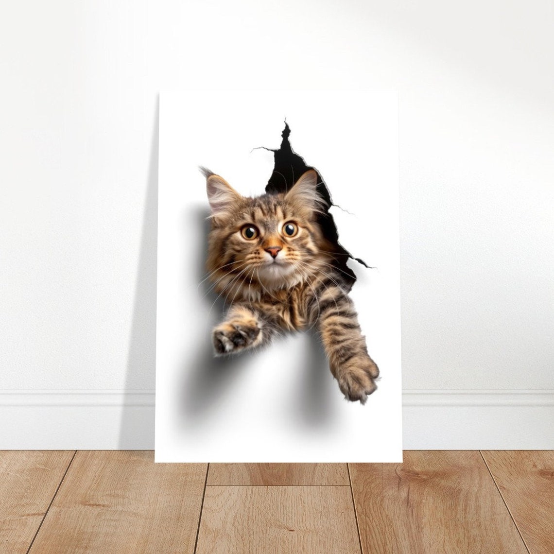 Tabby Cat Breaking Through Paper 3D Funny Wall Jump Optical Art Poster - Image 4