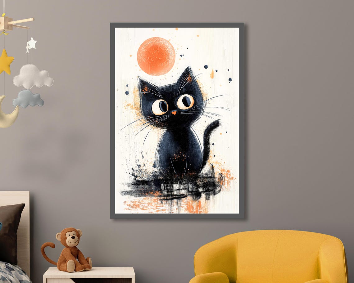 Black Cat Under Orange Moon Japanese Ink Style Minimal Wall Art
