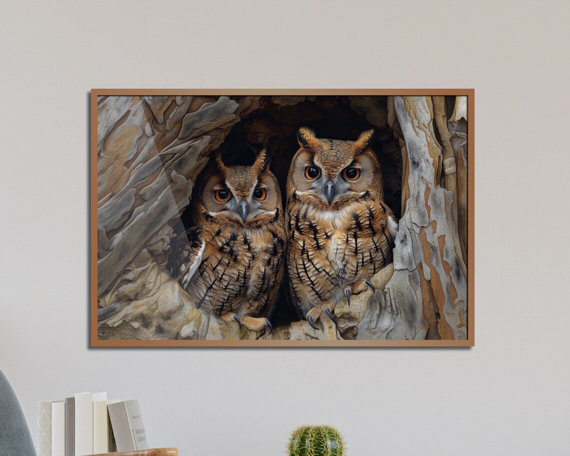 Owl Couple Peeking From Tree Hollow Wildlife Photography Poster