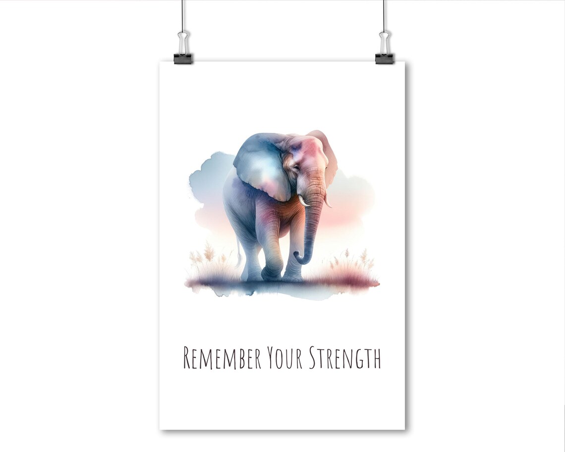Watercolor Elephant Pastel Blue Pink Remember Your Strength Quote Poster - Image 4