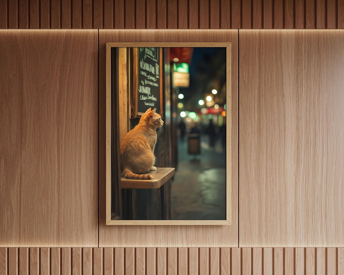 Orange Cat At Cafe Table Watching Night Street Cozy Art Poster - Image 5