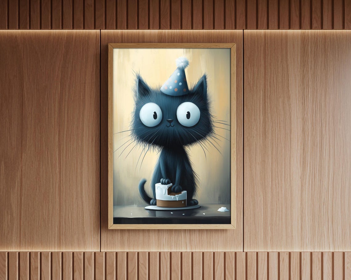 Cute Black Cat with Party Hat Eating Birthday Cake Fun Wall Art - Image 6