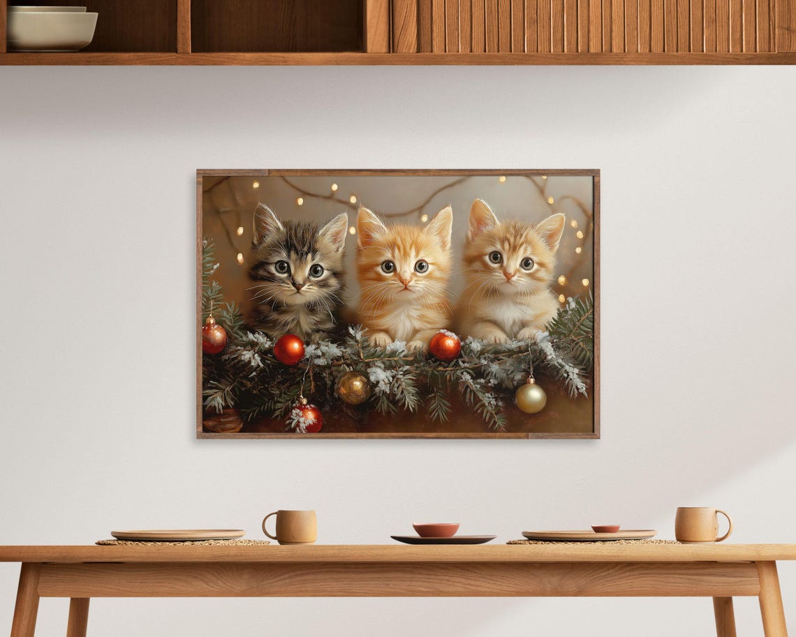 Three Kittens With Christmas Ornaments Holiday Lights Art Poster